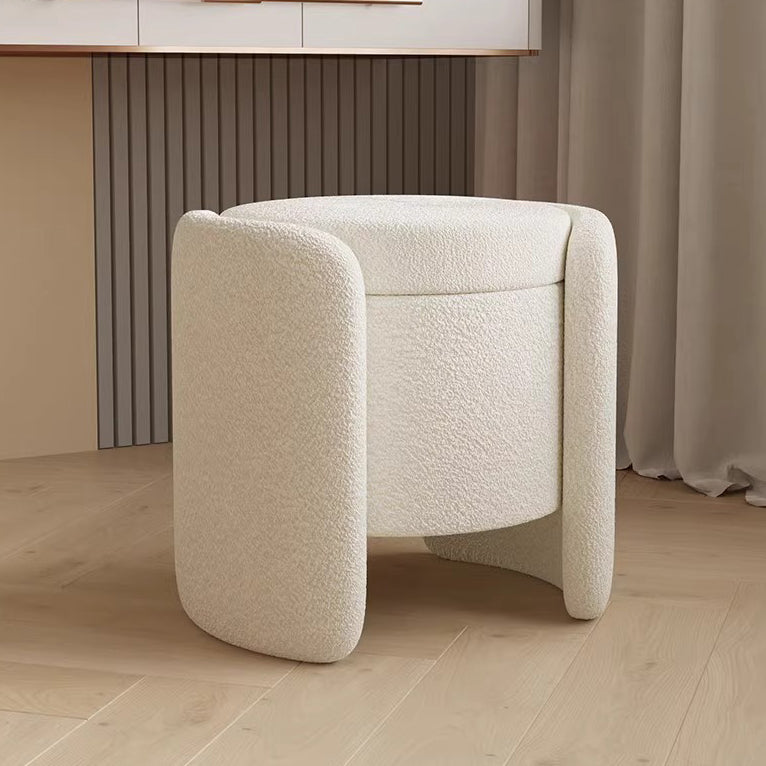 Contemporary Nordic Cream Storable Round Cylinder Solid Wood Sherpa Fabric Vanity Stool For Bedroom