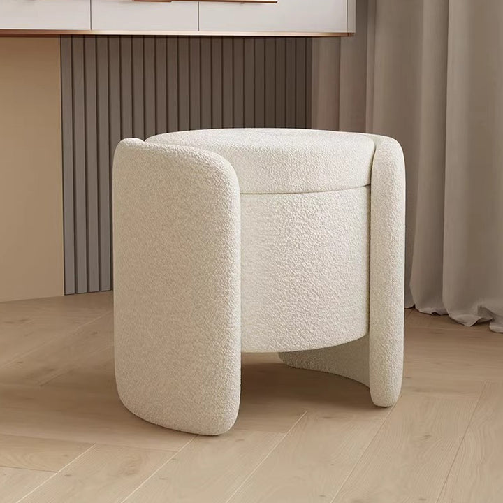 Contemporary Nordic Cream Storable Round Cylinder Solid Wood Sherpa Fabric Vanity Stool For Bedroom