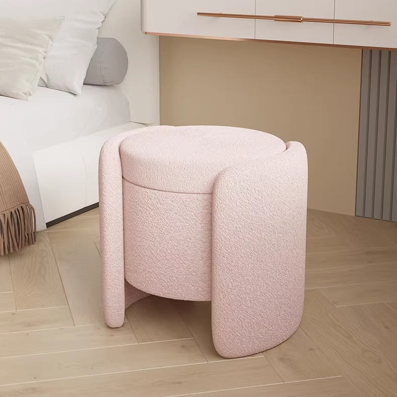 Contemporary Nordic Cream Storable Round Cylinder Solid Wood Sherpa Fabric Vanity Stool For Bedroom