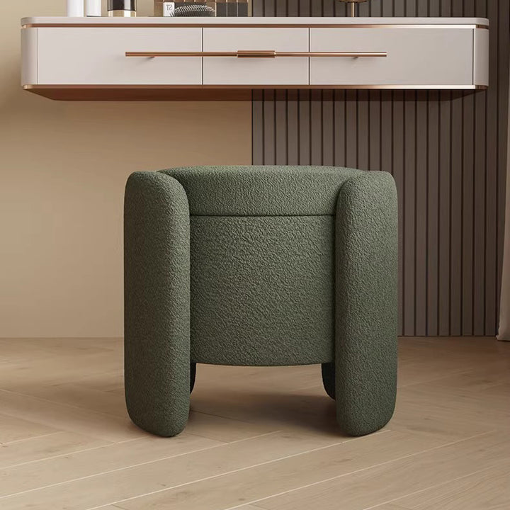 Contemporary Nordic Cream Storable Round Cylinder Solid Wood Sherpa Fabric Vanity Stool For Bedroom
