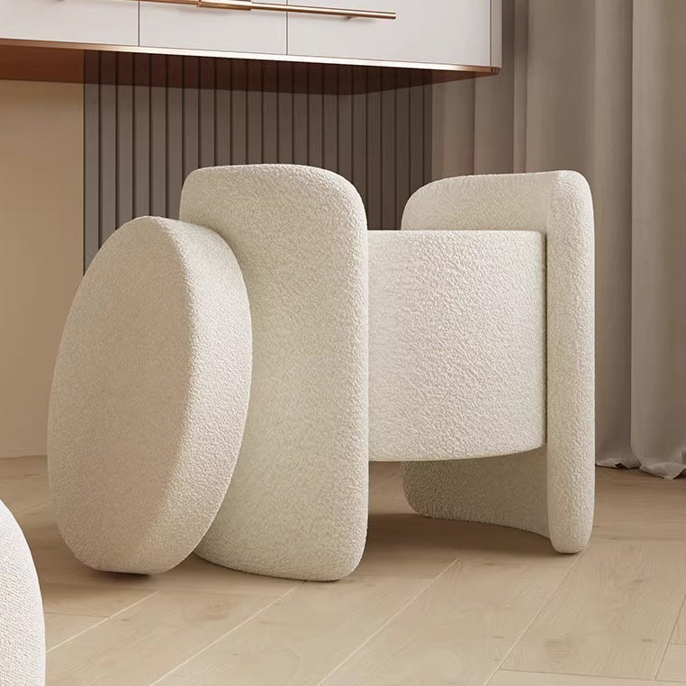 Contemporary Nordic Cream Storable Round Cylinder Solid Wood Sherpa Fabric Vanity Stool For Bedroom