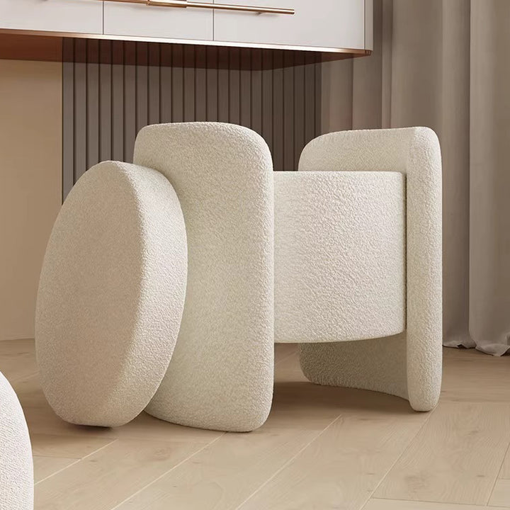 Contemporary Nordic Cream Storable Round Cylinder Solid Wood Sherpa Fabric Vanity Stool For Bedroom