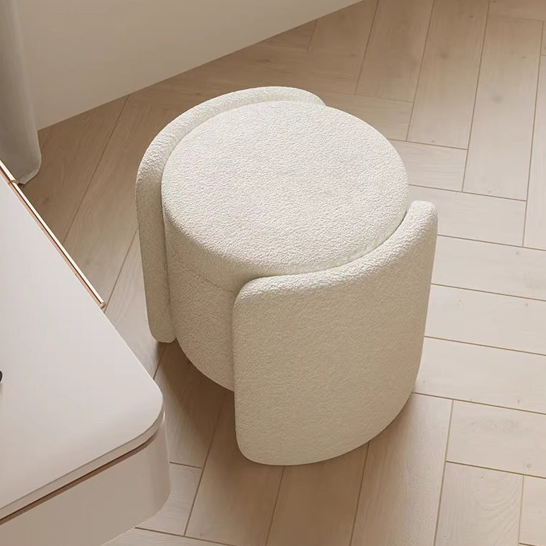 Contemporary Nordic Cream Storable Round Cylinder Solid Wood Sherpa Fabric Vanity Stool For Bedroom