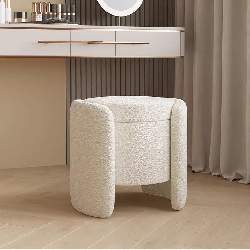 Contemporary Nordic Cream Storable Round Cylinder Solid Wood Sherpa Fabric Vanity Stool For Bedroom