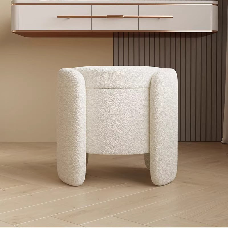 Contemporary Nordic Cream Storable Round Cylinder Solid Wood Sherpa Fabric Vanity Stool For Bedroom