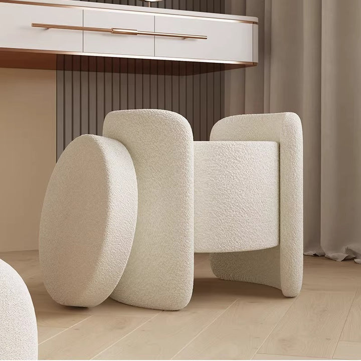 Contemporary Nordic Cream Storable Round Cylinder Solid Wood Sherpa Fabric Vanity Stool For Bedroom