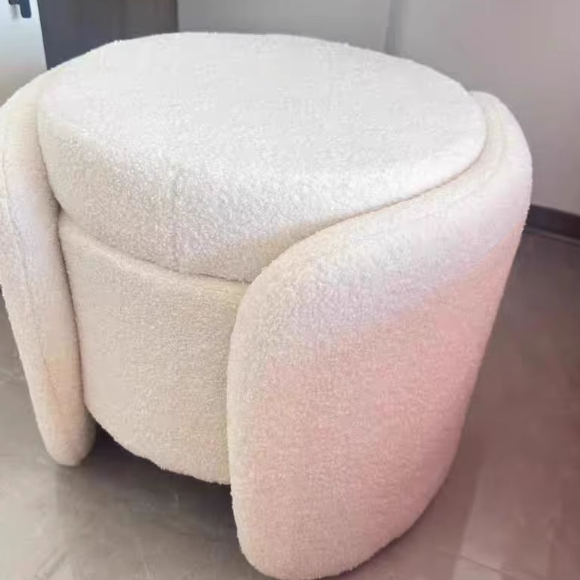 Contemporary Nordic Cream Storable Round Cylinder Solid Wood Sherpa Fabric Vanity Stool For Bedroom