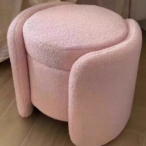 Contemporary Nordic Cream Storable Round Cylinder Solid Wood Sherpa Fabric Vanity Stool For Bedroom