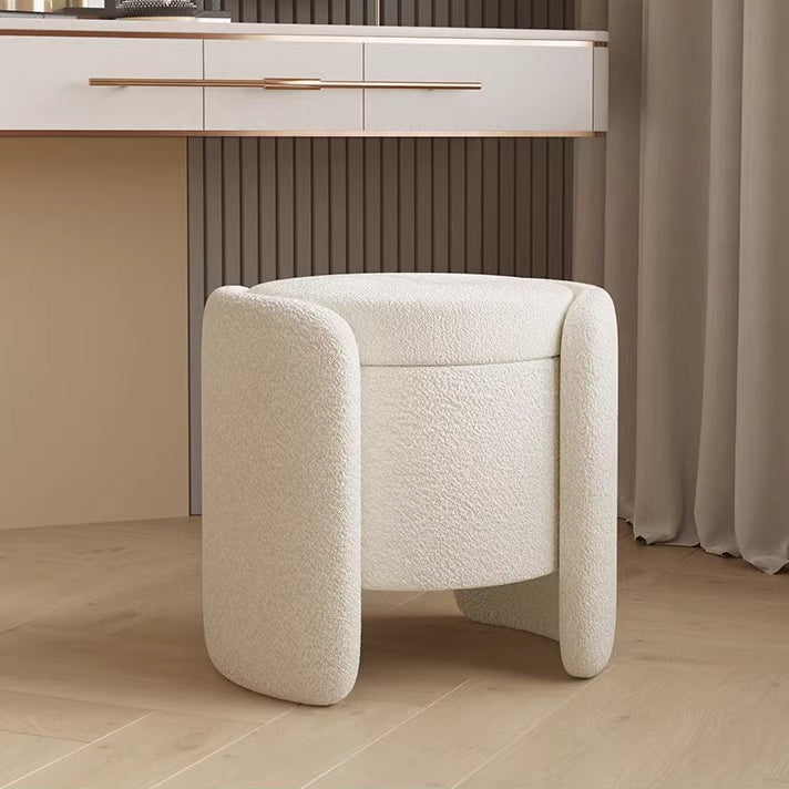 Contemporary Nordic Cream Storable Round Cylinder Solid Wood Sherpa Fabric Vanity Stool For Bedroom