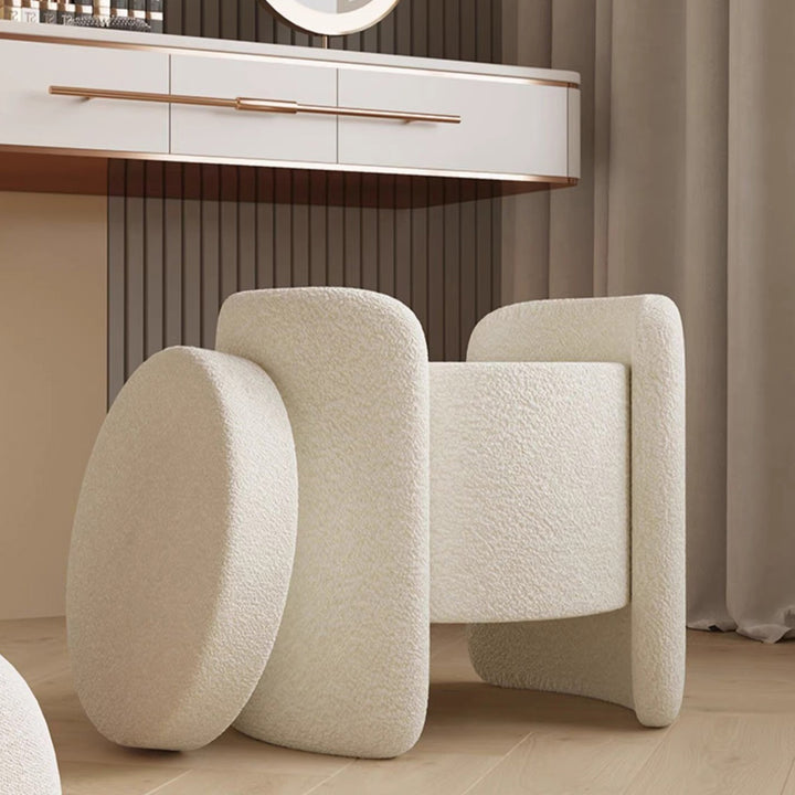 Contemporary Nordic Cream Storable Round Cylinder Solid Wood Sherpa Fabric Vanity Stool For Bedroom