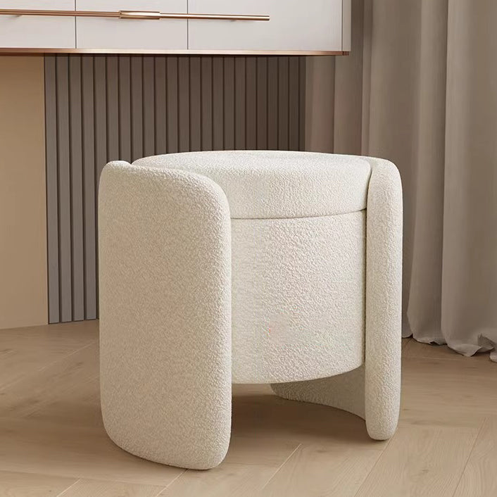 Contemporary Nordic Cream Storable Round Cylinder Solid Wood Sherpa Fabric Vanity Stool For Bedroom