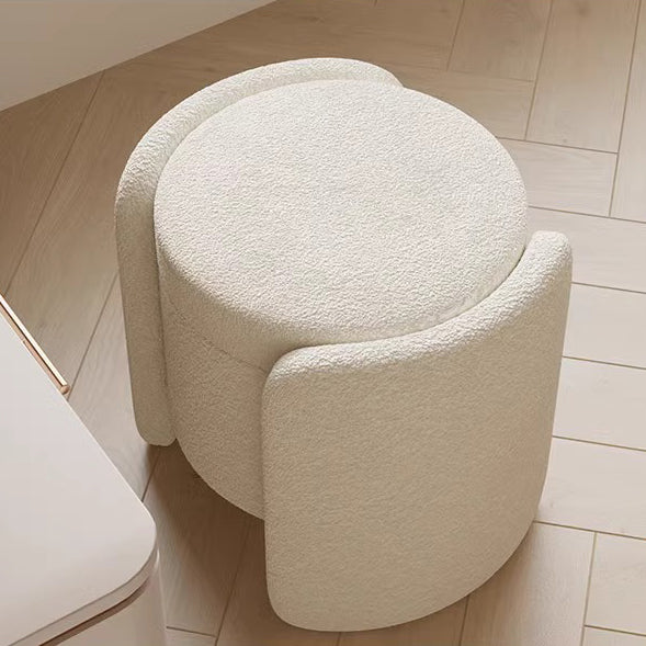 Contemporary Nordic Cream Storable Round Cylinder Solid Wood Sherpa Fabric Vanity Stool For Bedroom