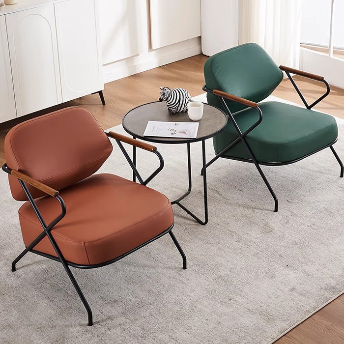 Contemporary Scandinavian Square Metal Leather Accent Chair Backrest Armrest For Living Room