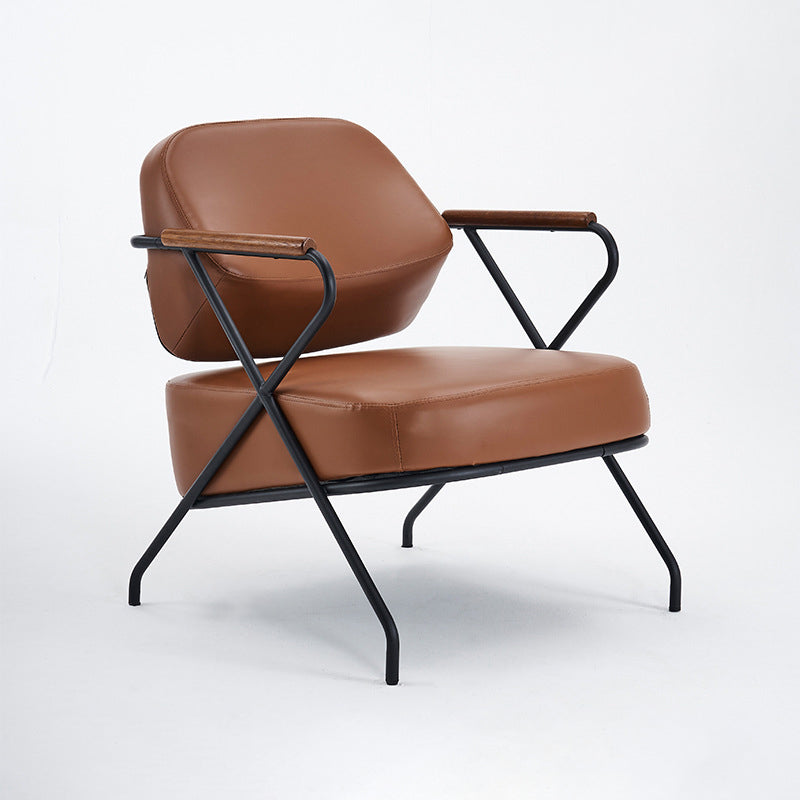 Contemporary Scandinavian Square Metal Leather Accent Chair Backrest Armrest For Living Room