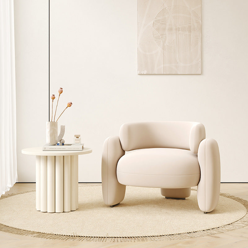 Contemporary Scandinavian Cream Round Curve Wood Frosted Velvet Accent Chair Backrest Armrest For Living Room