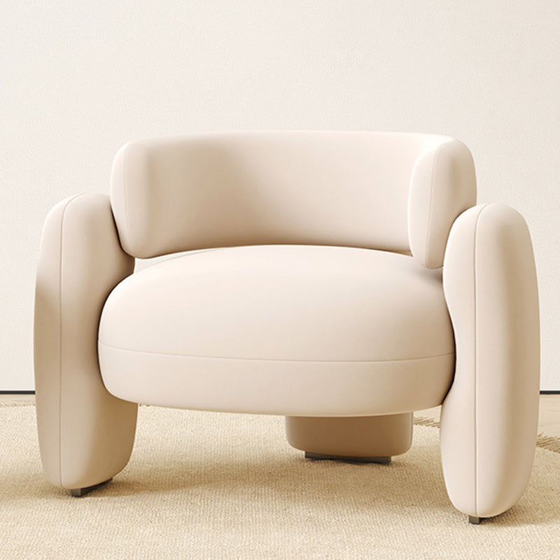 Contemporary Scandinavian Cream Round Curve Wood Frosted Velvet Accent Chair Backrest Armrest For Living Room