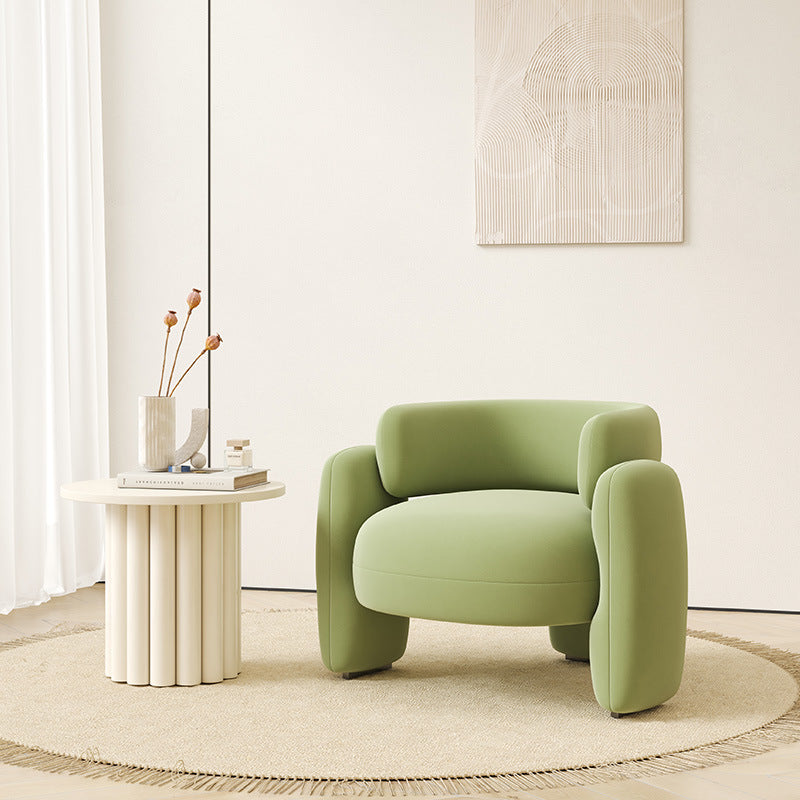 Contemporary Scandinavian Cream Round Curve Wood Frosted Velvet Accent Chair Backrest Armrest For Living Room