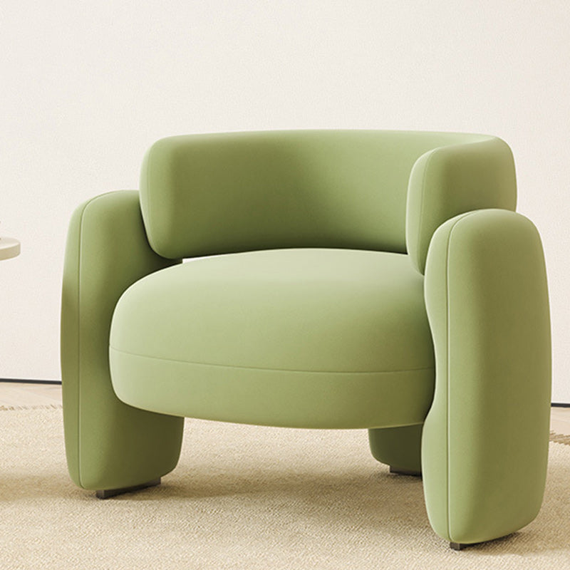 Contemporary Scandinavian Cream Round Curve Wood Frosted Velvet Accent Chair Backrest Armrest For Living Room