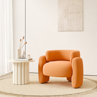 Contemporary Scandinavian Cream Round Curve Wood Frosted Velvet Accent Chair Backrest Armrest For Living Room