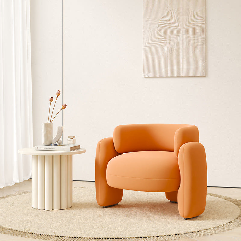 Contemporary Scandinavian Cream Round Curve Wood Frosted Velvet Accent Chair Backrest Armrest For Living Room