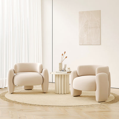 Contemporary Scandinavian Cream Round Curve Wood Frosted Velvet Accent Chair Backrest Armrest For Living Room
