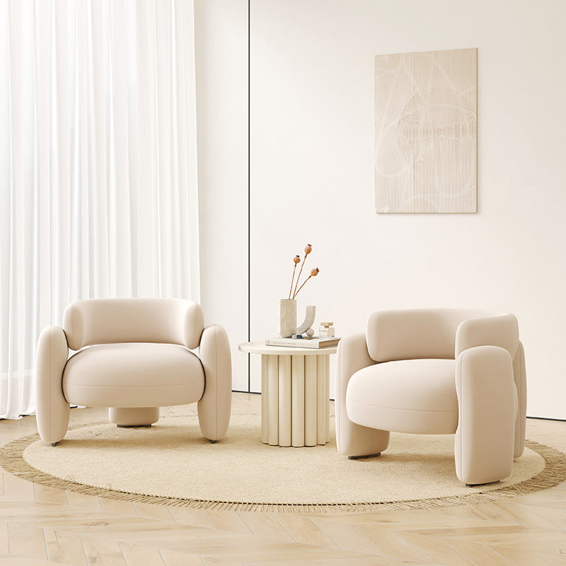 Contemporary Scandinavian Cream Round Curve Wood Frosted Velvet Accent Chair Backrest Armrest For Living Room
