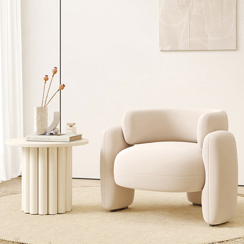 Contemporary Scandinavian Cream Round Curve Wood Frosted Velvet Accent Chair Backrest Armrest For Living Room