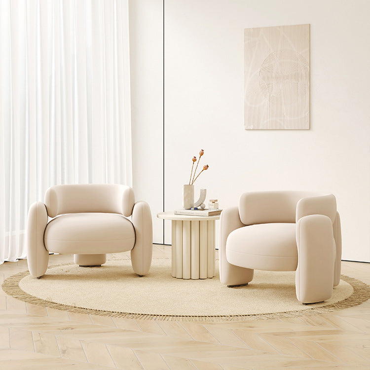 Contemporary Scandinavian Cream Round Curve Wood Frosted Velvet Accent Chair Backrest Armrest For Living Room