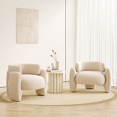 Contemporary Scandinavian Cream Round Curve Wood Frosted Velvet Accent Chair Backrest Armrest For Living Room