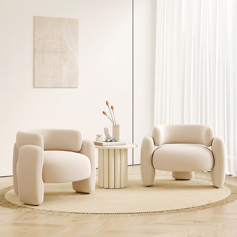 Contemporary Scandinavian Cream Round Curve Wood Frosted Velvet Accent Chair Backrest Armrest For Living Room