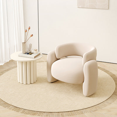 Contemporary Scandinavian Cream Round Curve Wood Frosted Velvet Accent Chair Backrest Armrest For Living Room