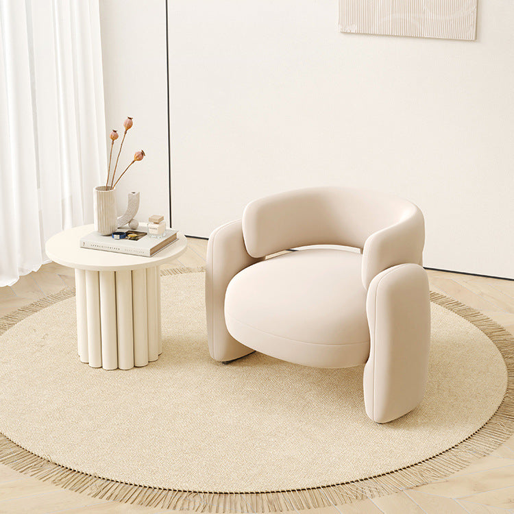 Contemporary Scandinavian Cream Round Curve Wood Frosted Velvet Accent Chair Backrest Armrest For Living Room