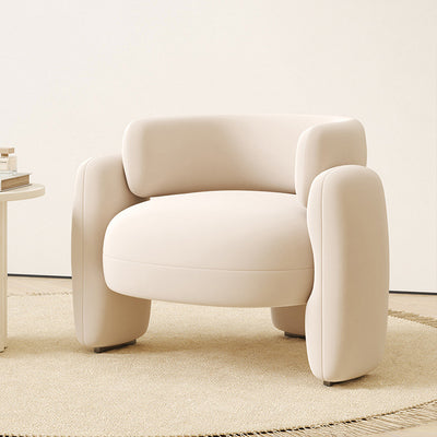 Contemporary Scandinavian Cream Round Curve Wood Frosted Velvet Accent Chair Backrest Armrest For Living Room