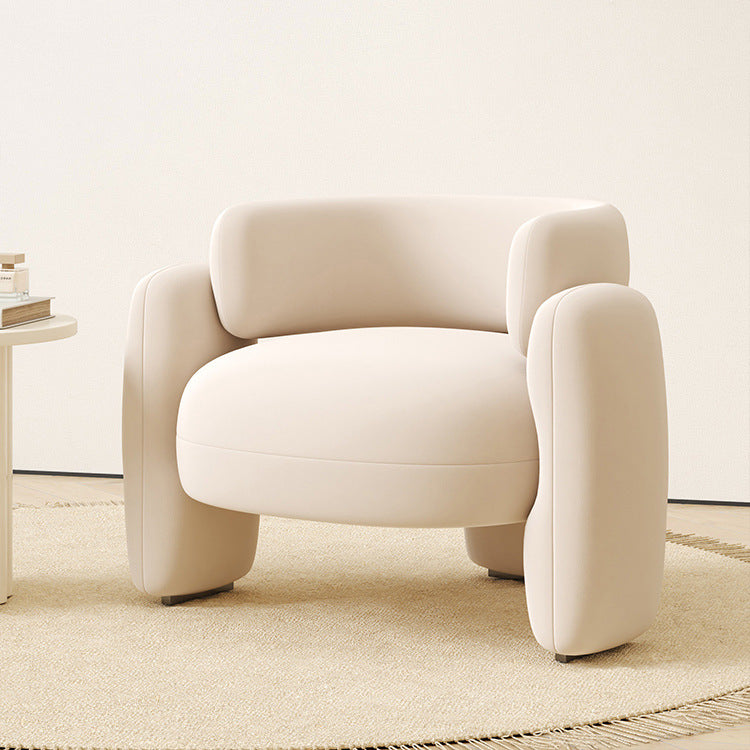 Contemporary Scandinavian Cream Round Curve Wood Frosted Velvet Accent Chair Backrest Armrest For Living Room