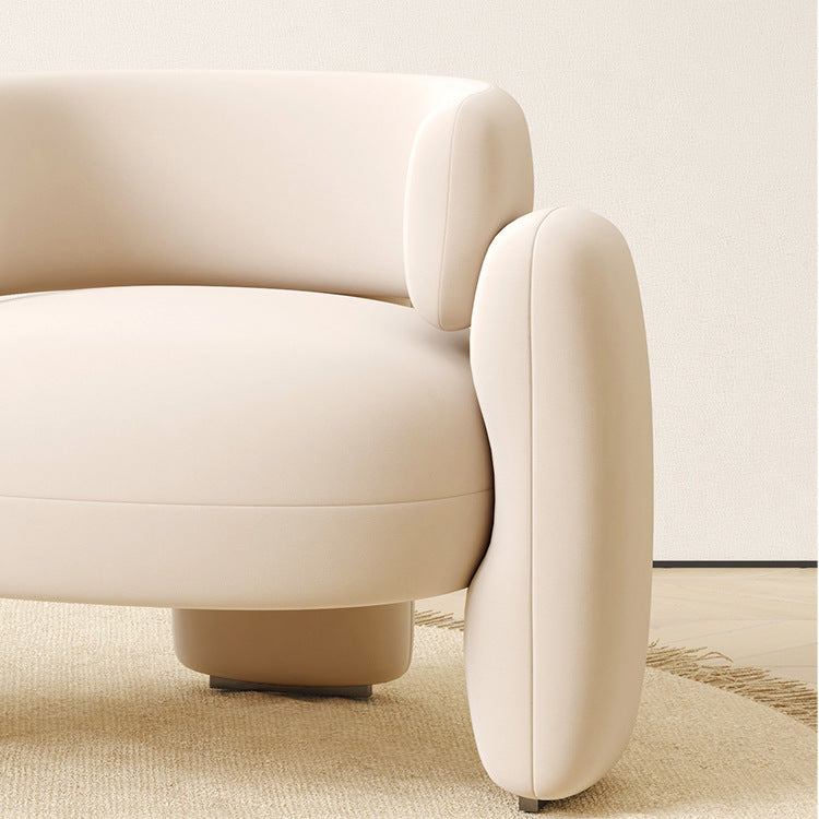 Contemporary Scandinavian Cream Round Curve Wood Frosted Velvet Accent Chair Backrest Armrest For Living Room
