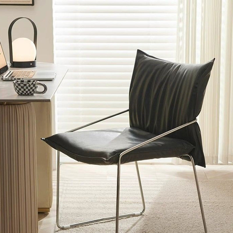 Modern Minimalist Square Curved Metal Leather Accent Chair Backrest Armrest For Living Room