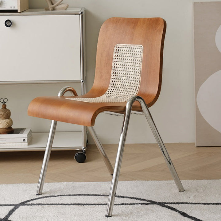 Traditional Japanese Rectangular Plywood Faux Rattan Electroplated Carbon Steel Dining Chair Backrest For Dining Room