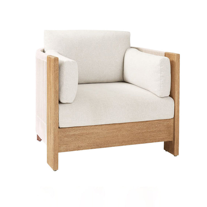Sofá de exterior moderno y lujoso cuadrado de tela, madera de teca, esponja y cuerda de nailon con respaldo y reposabrazos para exteriores 