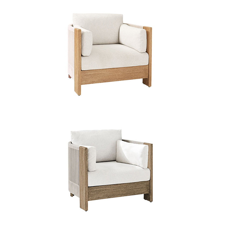 Sofá de exterior moderno y lujoso cuadrado de tela, madera de teca, esponja y cuerda de nailon con respaldo y reposabrazos para exteriores 