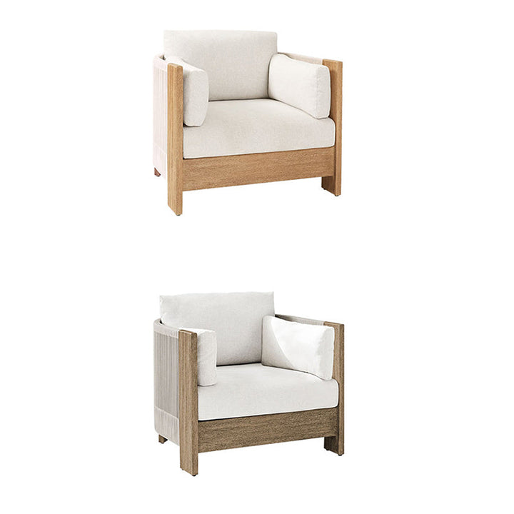 Sofá de exterior moderno y lujoso cuadrado de tela, madera de teca, esponja y cuerda de nailon con respaldo y reposabrazos para exteriores 