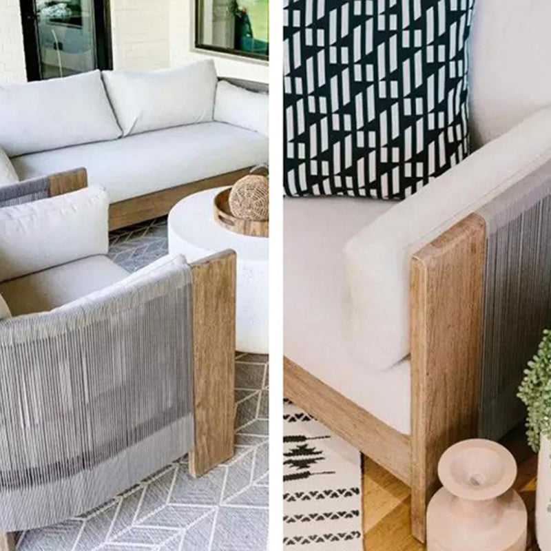 Sofá de exterior moderno y lujoso cuadrado de tela, madera de teca, esponja y cuerda de nailon con respaldo y reposabrazos para exteriores 