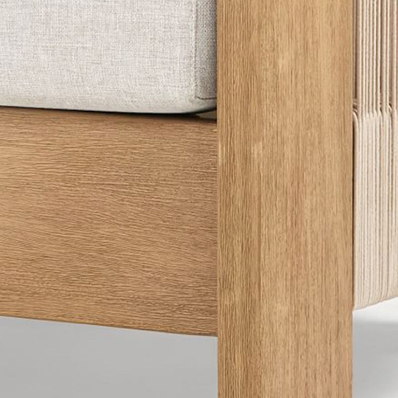 Sofá de exterior moderno y lujoso cuadrado de tela, madera de teca, esponja y cuerda de nailon con respaldo y reposabrazos para exteriores 