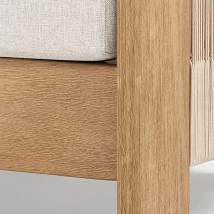 Sofá de exterior moderno y lujoso cuadrado de tela, madera de teca, esponja y cuerda de nailon con respaldo y reposabrazos para exteriores 