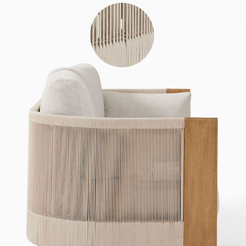 Sofá de exterior moderno y lujoso cuadrado de tela, madera de teca, esponja y cuerda de nailon con respaldo y reposabrazos para exteriores 