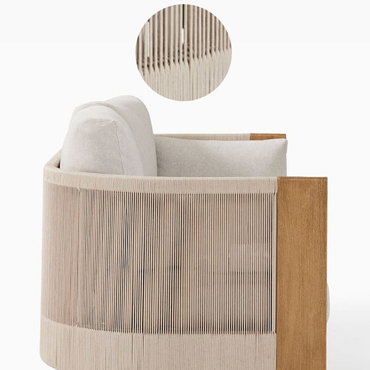 Sofá de exterior moderno y lujoso cuadrado de tela, madera de teca, esponja y cuerda de nailon con respaldo y reposabrazos para exteriores 