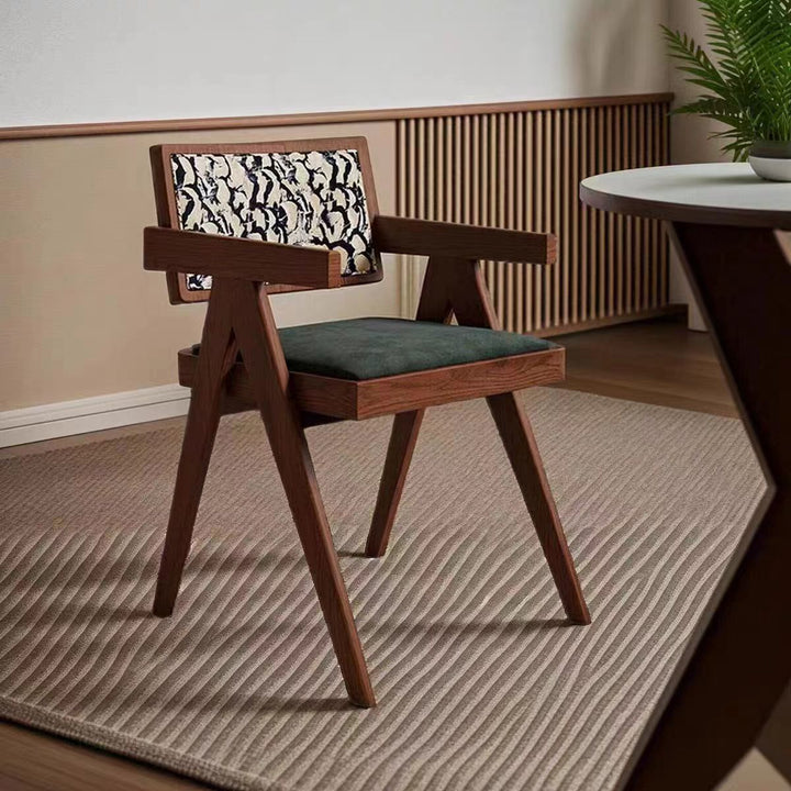 Silla de comedor tradicional vintage cuadrada de terciopelo macizo con respaldo y reposabrazos para sala de estar 