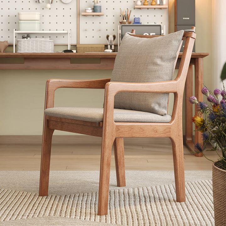 Contemporary Scandinavian Square Oak Wood Cotton Linen Dining Chair Backrest Armrest For Dining Room
