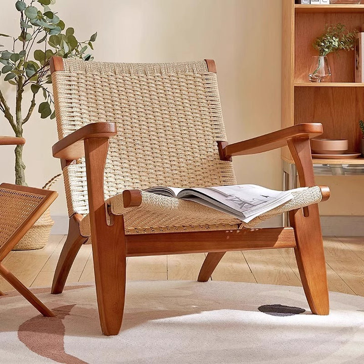 Traditional Japanese Square Ash Wood Kraft Paper Rope Dining Chair Backrest Armrest For Dining Room