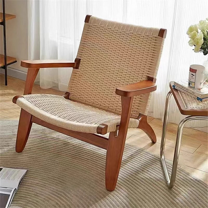 Traditional Japanese Square Ash Wood Kraft Paper Rope Dining Chair Backrest Armrest For Dining Room