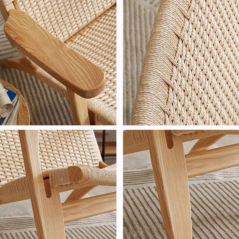 Traditional Japanese Square Ash Wood Kraft Paper Rope Dining Chair Backrest Armrest For Dining Room
